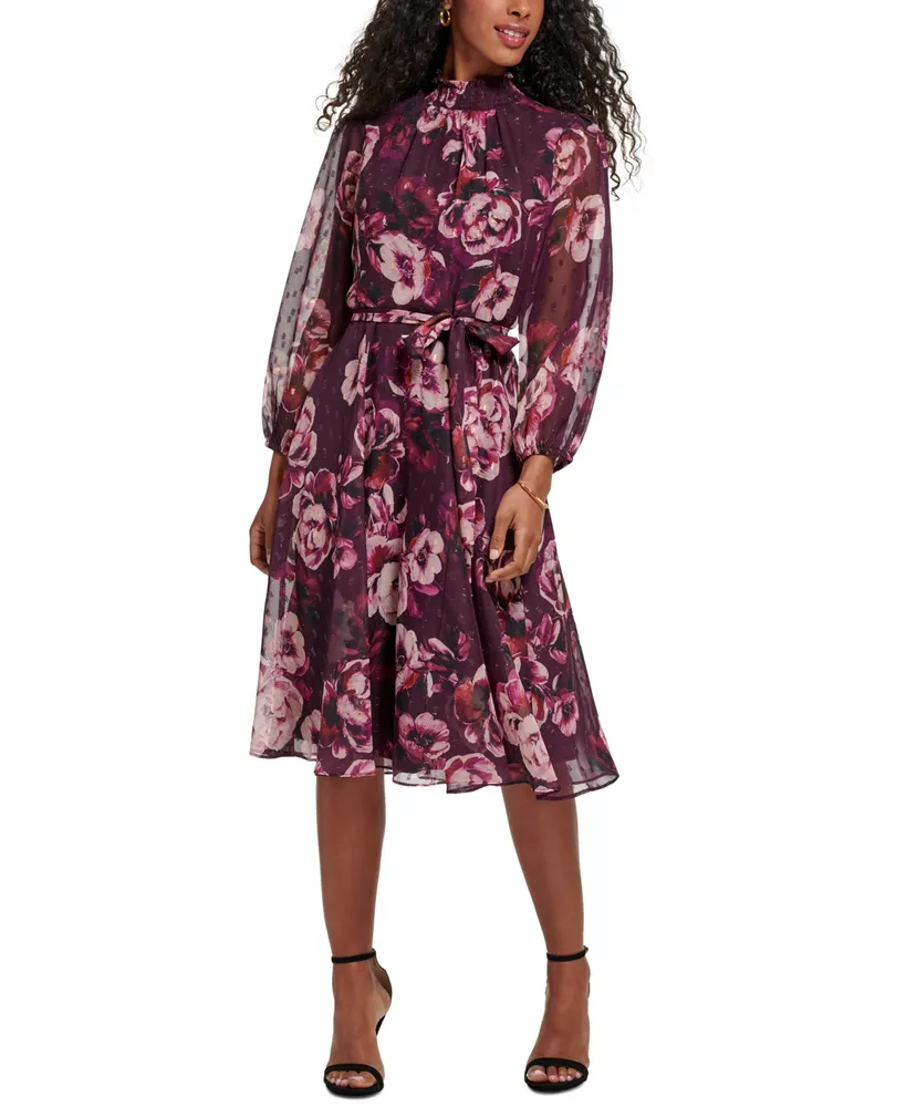 Jessica Howard Women's Smock-Neck Puff-Sleeve Belted Midi Dress