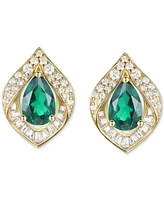 Lab-Grown Emerald (5/8 ct. t.w.) & Lab-Grown White Sapphire (1/3 ct. t.w.) Pear Halo Stud Earrings in 14k Gold-Plated Sterling Silver