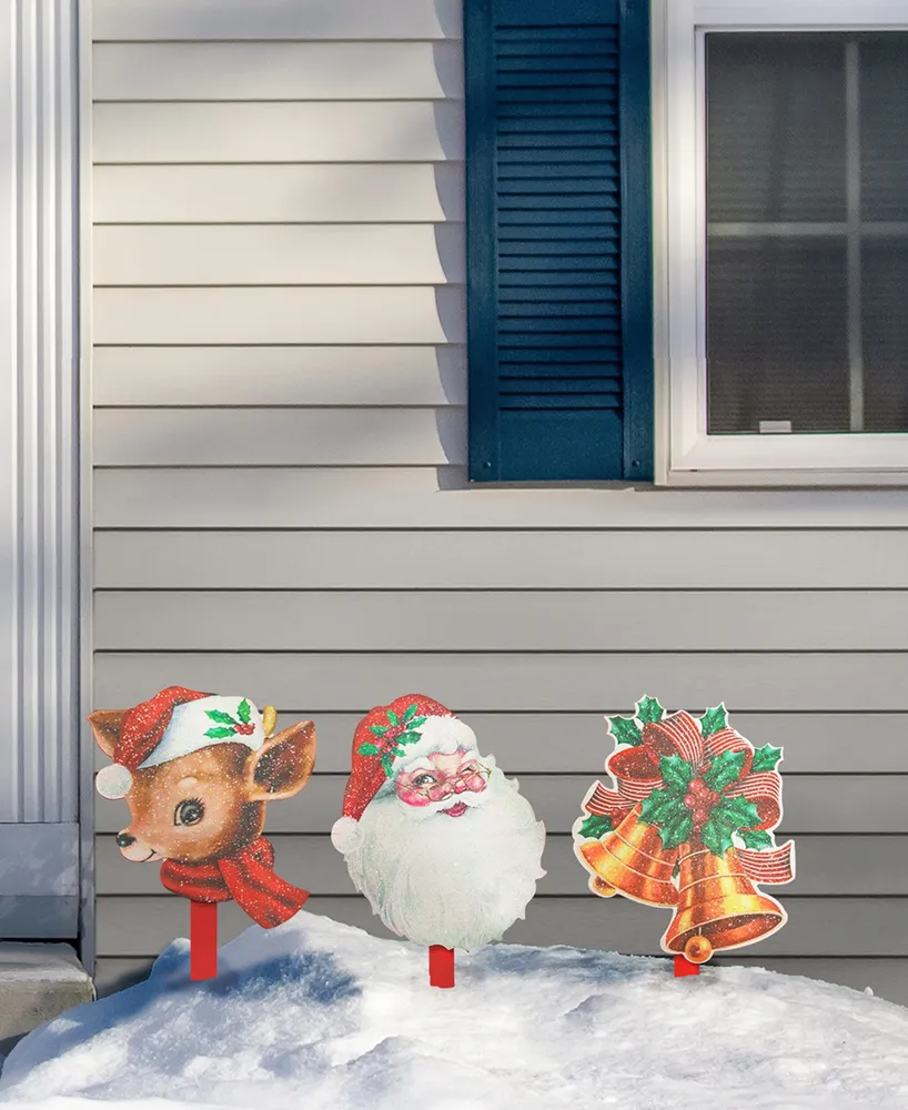 Glitzhome Wooden Glitter Santa, Bell and Reindeer Yard Stake, Set of 3