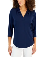 Jm Collection Women's 3/4 Sleeve V-Neck Pleat Top, Created for Macy's