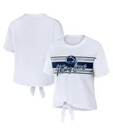 Women's Wear by Erin Andrews White Penn State Nittany Lions Striped Front Knot Cropped T-shirt