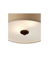 Possini Euro Design Halsted Mid Century Modern Ceiling Light Semi-Flush Mount Fixture Brushed Bronze 15" Wide Oatmeal Linen Drum Shade for House Bedro