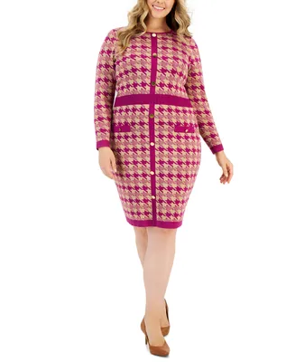 Taylor Plus Long-Sleeve Houndstooth Sweater Dress