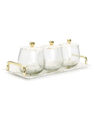 Gold-Tone Marble 3 Bowl Serving Dish with Gold-Tone Ball Design, Set of 4