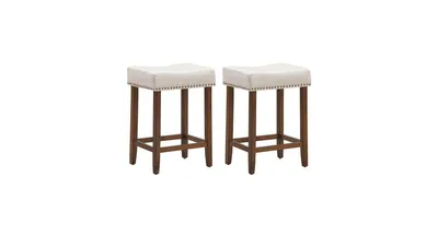2 Pieces Nailhead Saddle Bar Stools with Fabric Seat and Wood Legs