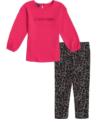 Calvin Klein Little Girls Oversized Logo Crew-Neck Sweatshirt and Printed Leggings Set, 2 Piece