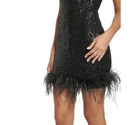 Eliza J Women's Sequin One-Shoulder Feather-Trim Mini Dress