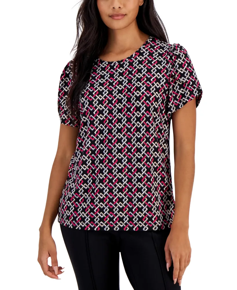 Ak Anne Klein Petite Printed Tulip-Sleeve Knit Top