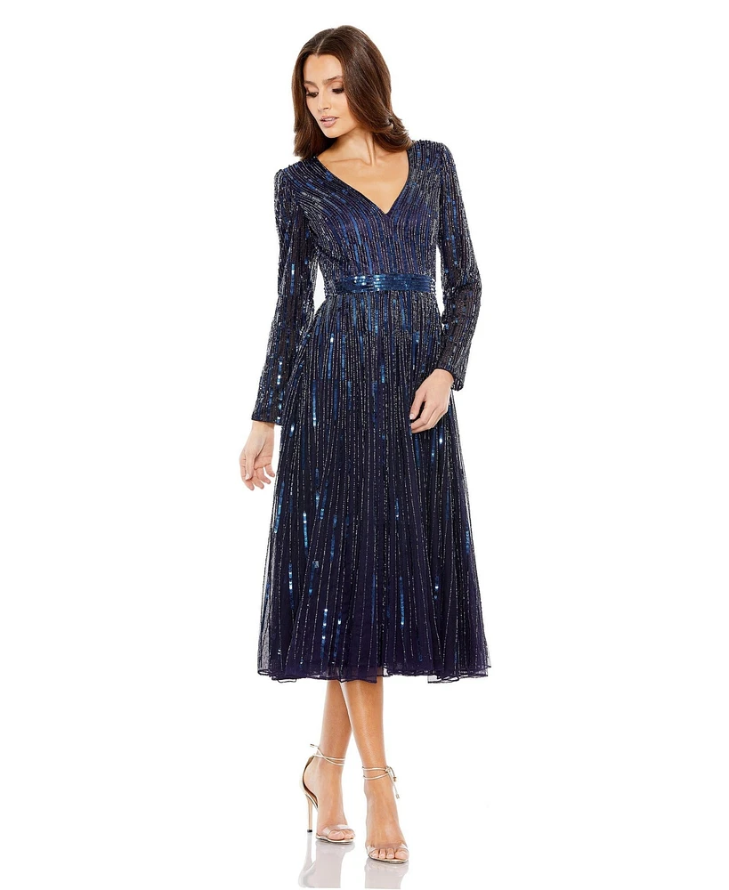 Mac Duggal Women's Long Sleeve Tea Length Dress