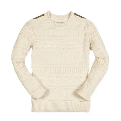 Hope & Henry Boys Organic Crew Neck Cable Sweater with Suede Detail