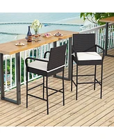Costway 2PCS Patio Pe Wicker Bar Chairs Counter Height Barstools with Armrests &Cushions