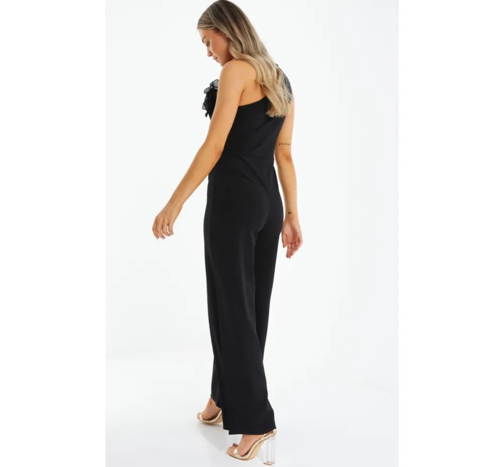 Women's Black One Shoulder Organza Detail Jumpsuit