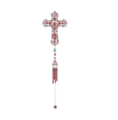 38" Long Pink Cross Wind Chime with Copper Gem