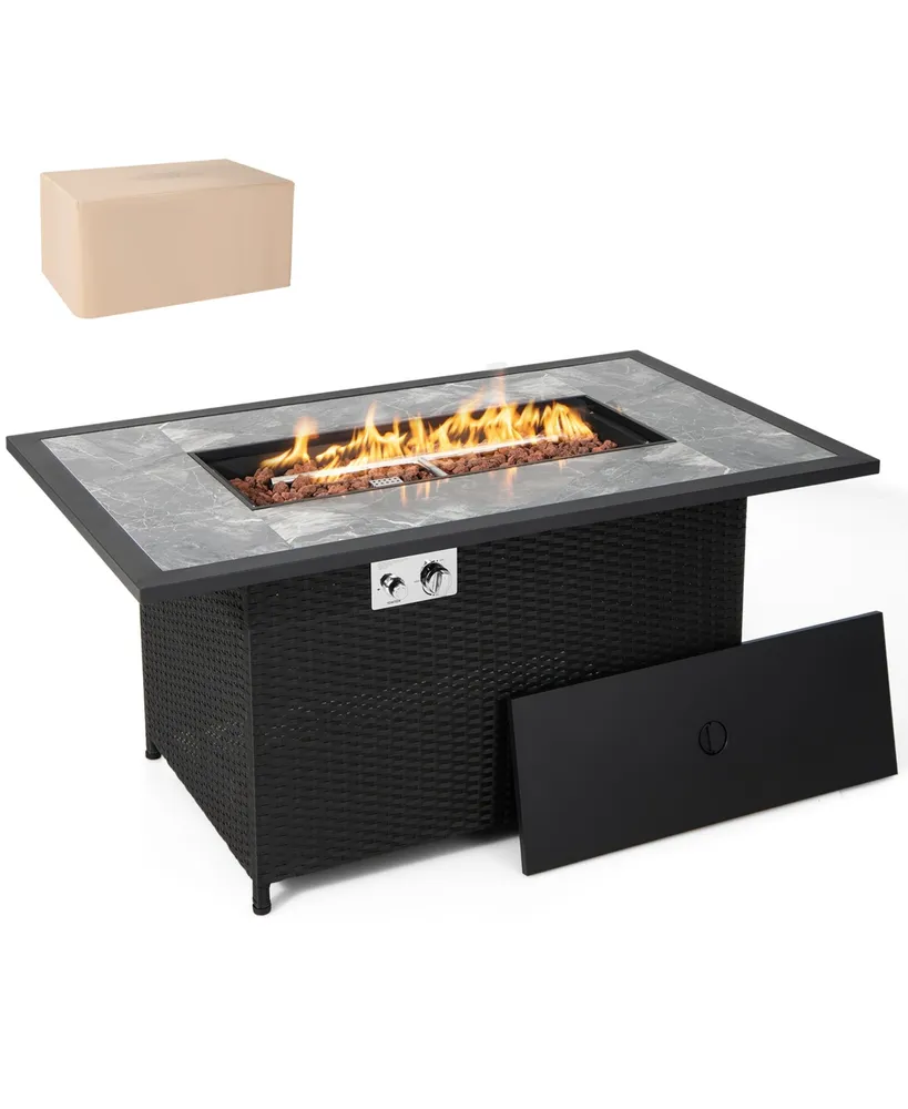 52'' Propane Fire Pit Table Marble Tabletop Rattan Wicker w/ Rain Cover Lava Rock