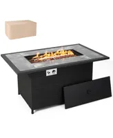 Costway 52'' Propane Fire Pit Table Marble Tabletop Rattan Wicker w/ Rain Cover Lava Rock