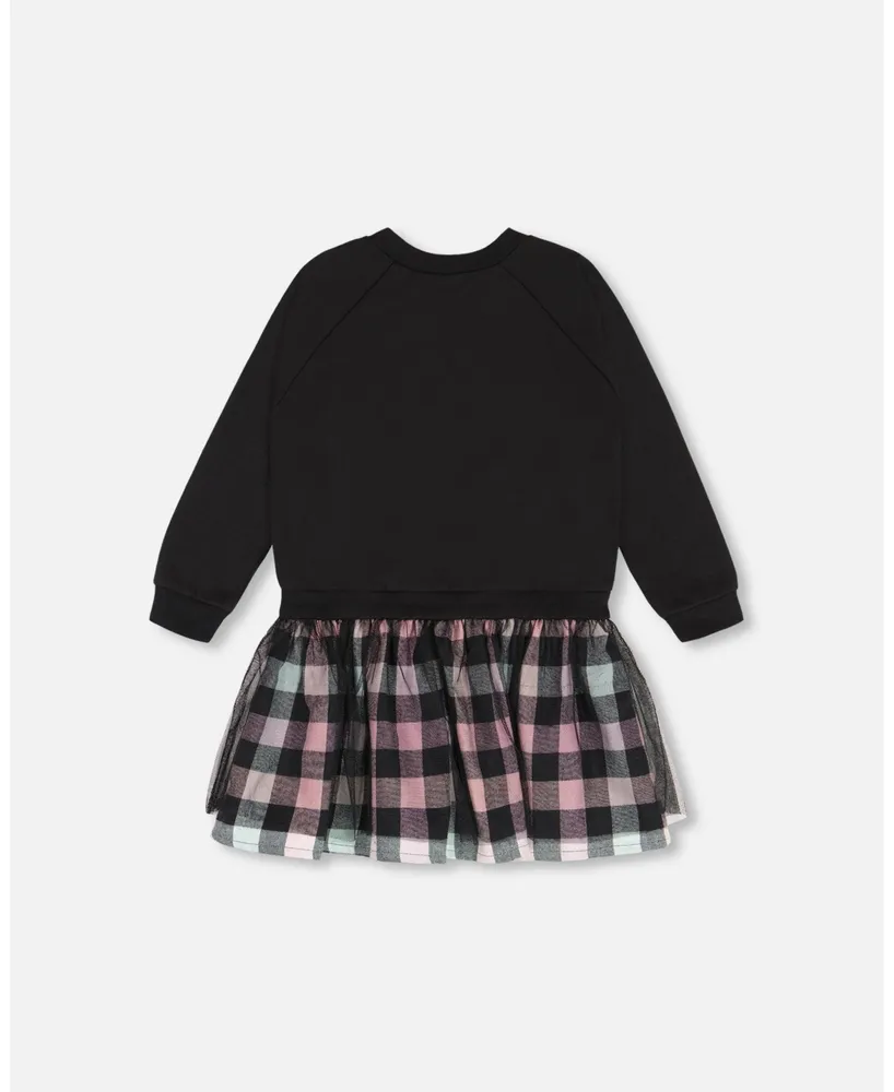 Girl Bi-Material Sweatshirt Dress With Tulle Skirt Black And Colorful Plaid - Child
