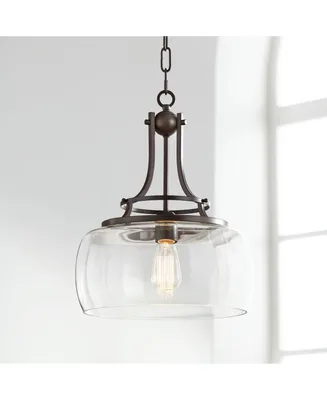 Franklin Iron Works Charleston Bronze Brown Small Pendant Light 13.5" Wide Farmhouse Industrial Rustic Clear Glass Shade Dining Room House Bedroom Ent