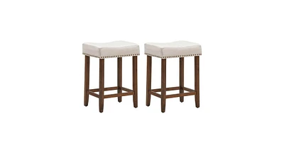 2 Pieces Nailhead Saddle Bar Stools with Fabric Seat and Wood Legs