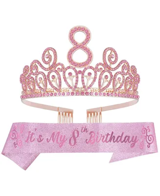 Meant2tobe Girls 8th Birthday Glitter Sash, Rhinestone Tiara Set