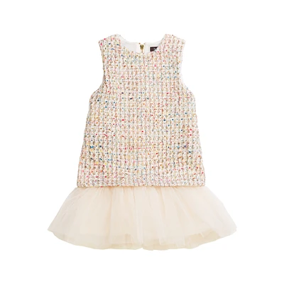 Imoga Collection Big Girls Nova FW23 Confetti Novelty Jacquard, Tweed, Pleated Mesh Dress