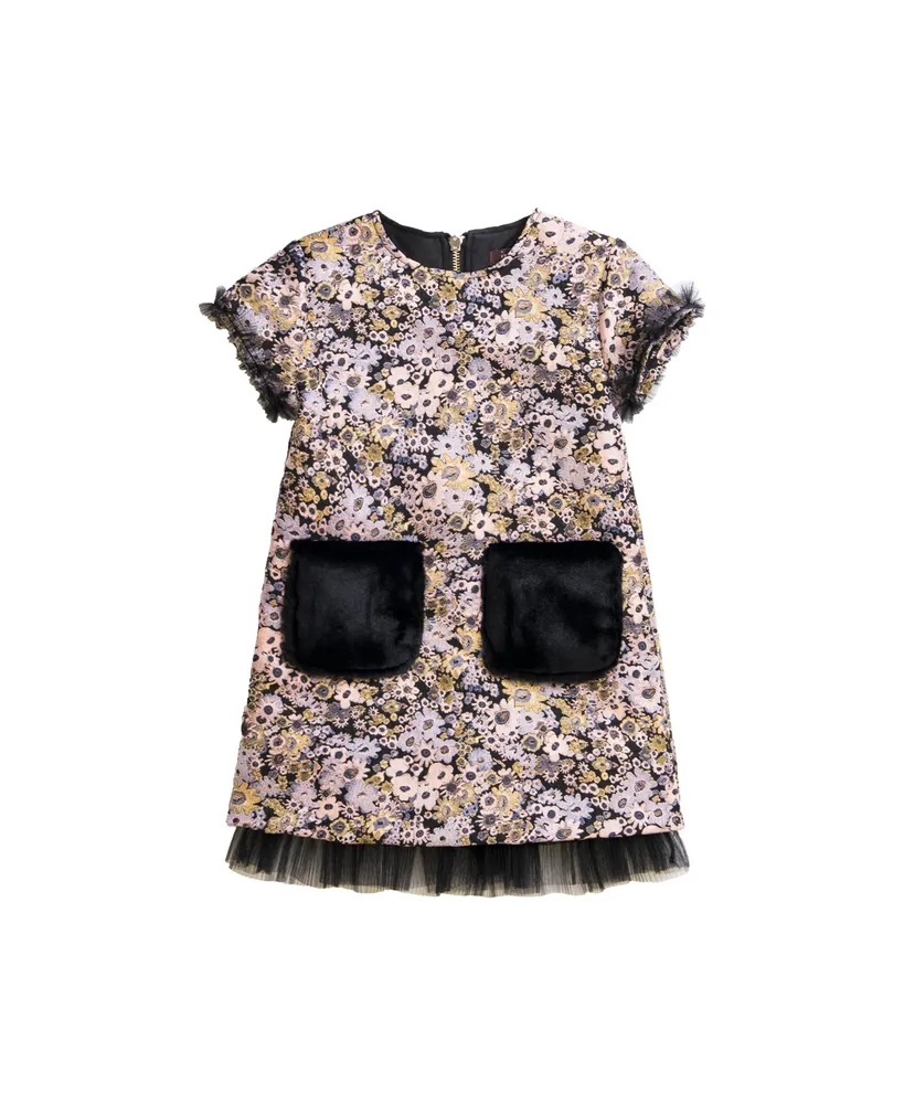 Imoga Collection Little Girls Tanner FW23 Bouquet Novelty Jacquard And Faux Fur Pocket Dress