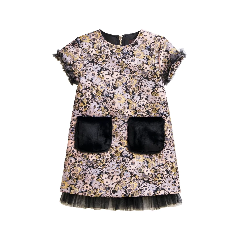 Imoga Collection Big Girls Tanner FW23 Bouquet Novelty Jacquard And Faux Fur Pocket Dress