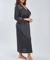 iCollection Plus Silky Stretch Satin Long Robe with Lace Trims