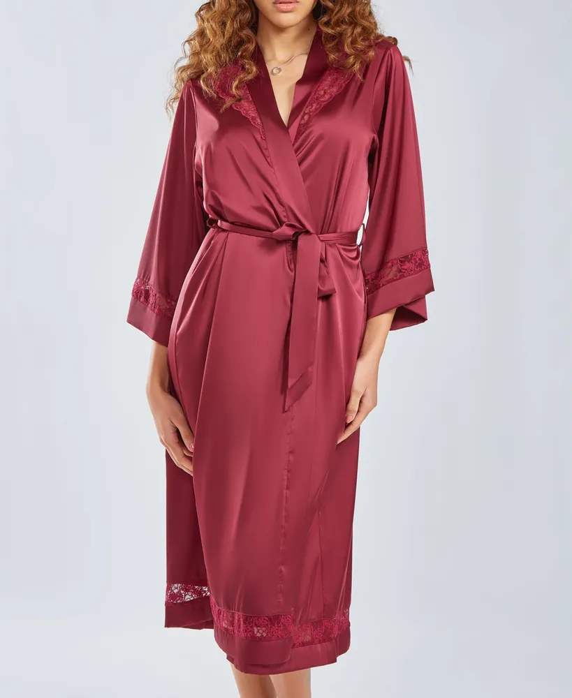 iCollection Women's Silky Long Robe with Lace Trims