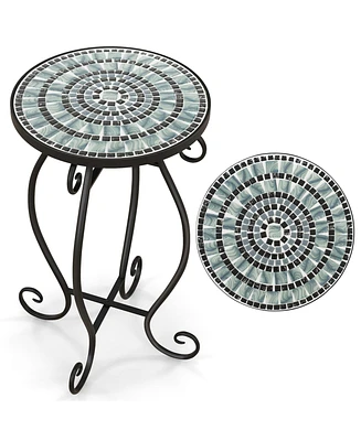 Mosaic Outdoor Side Table, Round End Table with Weather Resistant Ceramic Tile Tabletop
