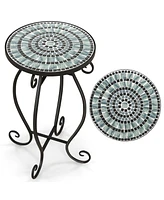 Mosaic Outdoor Side Table, Round End Table with Weather Resistant Ceramic Tile Tabletop
