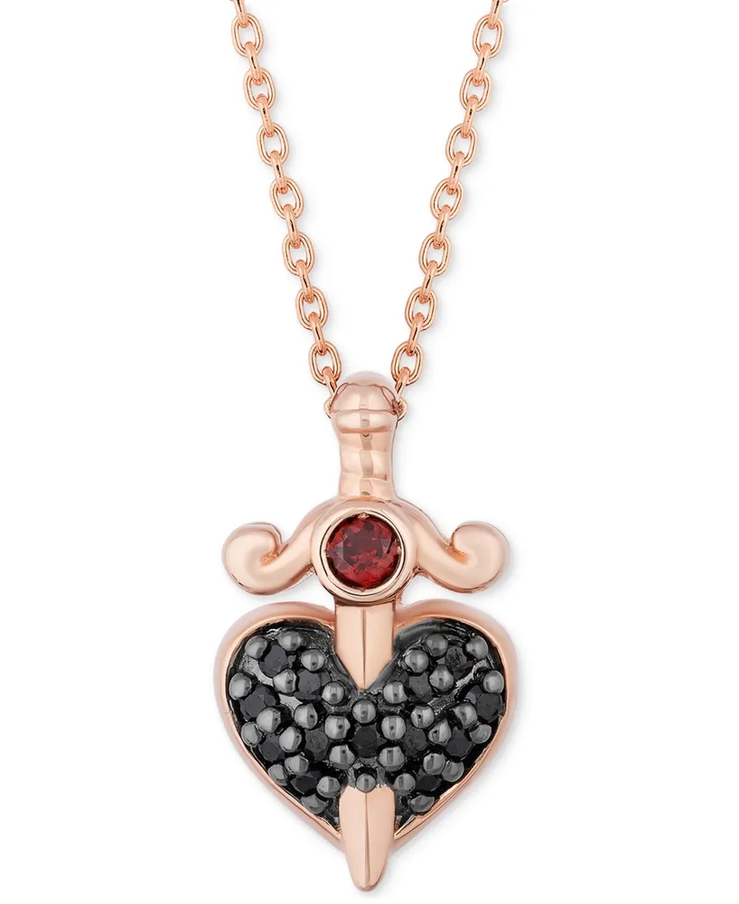 Enchanted Disney Fine Jewelry Black Diamond (1/10 ct. t.w.) & Garnet Accent Heart & Dagger Evil Queen Pendant Necklace in 10k Rose Gold, 16" + 2" exte
