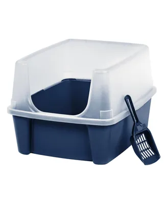 Iris Usa Open Top Cat Litter Tray with Scoop and Scatter Shield, Cat Litter Pan, Cat Pan, Navy