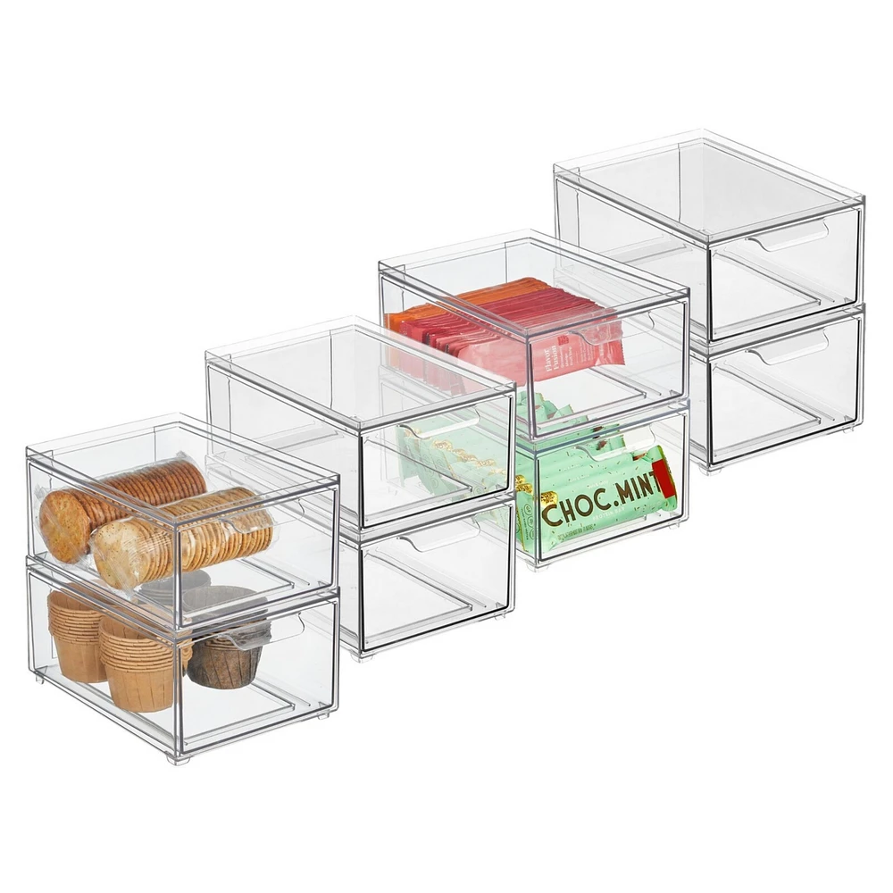 mDesign Stacking Plastic Storage Kitchen Bin with Pull-Out Drawer, 8 Pack, Clear