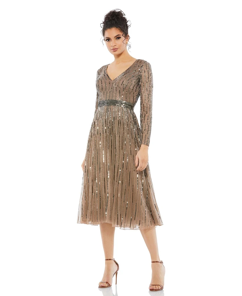 Mac Duggal Women's Long Sleeve Tea Length Dress