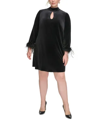 Eliza J Plus Size Velvet Feather-Sleeve Mini Dress