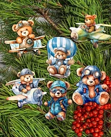 Designocracy Holiday Wooden Clip-On Ornaments Aviator Teddy Bear Set of 6 G. DeBrekht