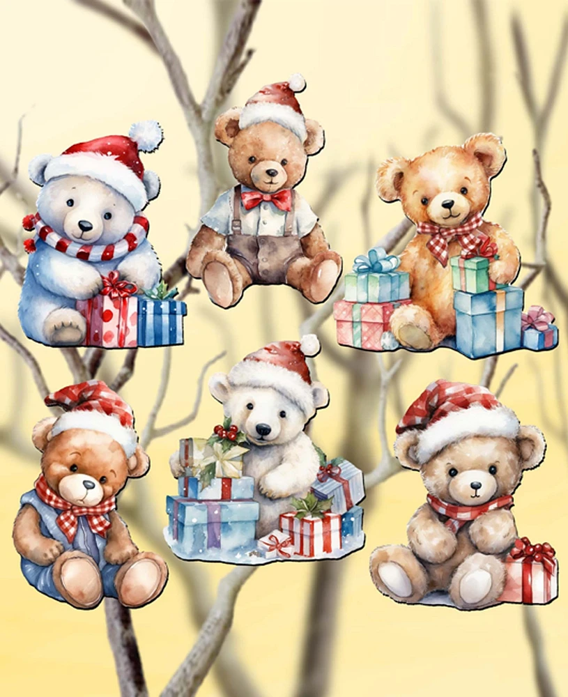 Designocracy Christmas Teddy Bear Christmas Wood Clip-On Ornaments Set of 6 G. DeBrekht