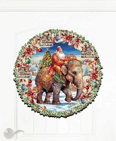 Designocracy Santa on Elephant Wreath Christmas Door Decor Wooden Door Hanger G. DeBrekht