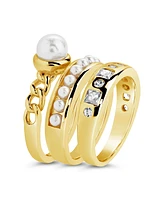 Sterling Forever Cubic Zirconia Genuine Shell Pearl Kimber Stacking 3 Piece Ring Set