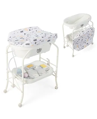 Costway Baby Changing Table with Bathtub, Folding & Portable Diaper Station with Wheels