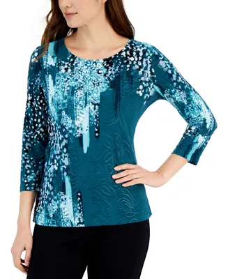 Jm Collection Petite Painted Jacquard 3/4-Sleeve Top, Created for Macy's