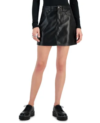 Tinseltown Juniors' High-Rise Faux-Leather Five-Pocket Mini Skirt