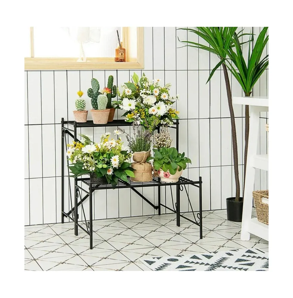 2-Tier Stair Style Metal Plant Stand for Indoor and Outdoor-Black