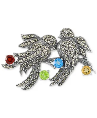 Marcasite (3/8 ct. t.w.) & Multi-Gemstone (2-3/8 ct. t.w.) Two Bird Pin in Sterling Silver