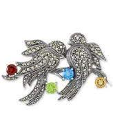 Marcasite (3/8 ct. t.w.) & Multi-Gemstone (2-3/8 ct. t.w.) Two Bird Pin in Sterling Silver - Multi