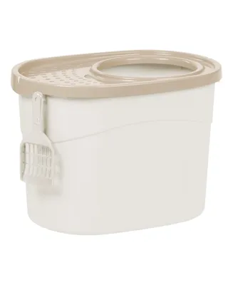 Iris Usa Oval Top Entry Cat Litter Box with Litter Catching Lid, Privacy Walls and Scoop, White/Beige