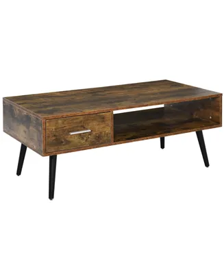 Homcom 43.25" Mid-Century Modern Coffee Table with Drawer and Shelf, Cocktail Center Table for Living Room, Rustic Brown