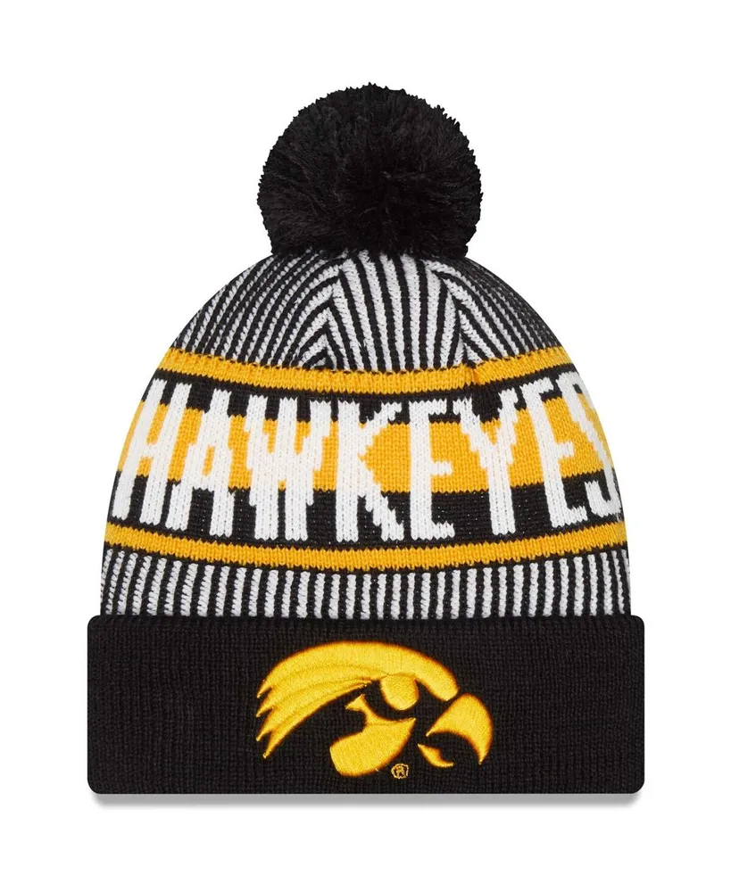 Men's New Era Black Iowa Hawkeyes Logo Striped Cuff Knit Hat with Pom