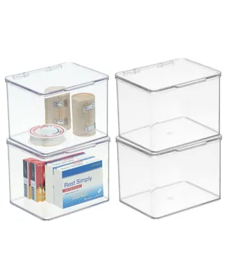 mDesign Plastic Bathroom Vanity Storage Organizer Box, Hinged Lid, 4 Pack, Clear