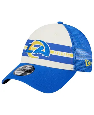 Men's New Era Cream, Royal Los Angeles Rams Team Stripe Trucker 9FORTY Snapback Hat